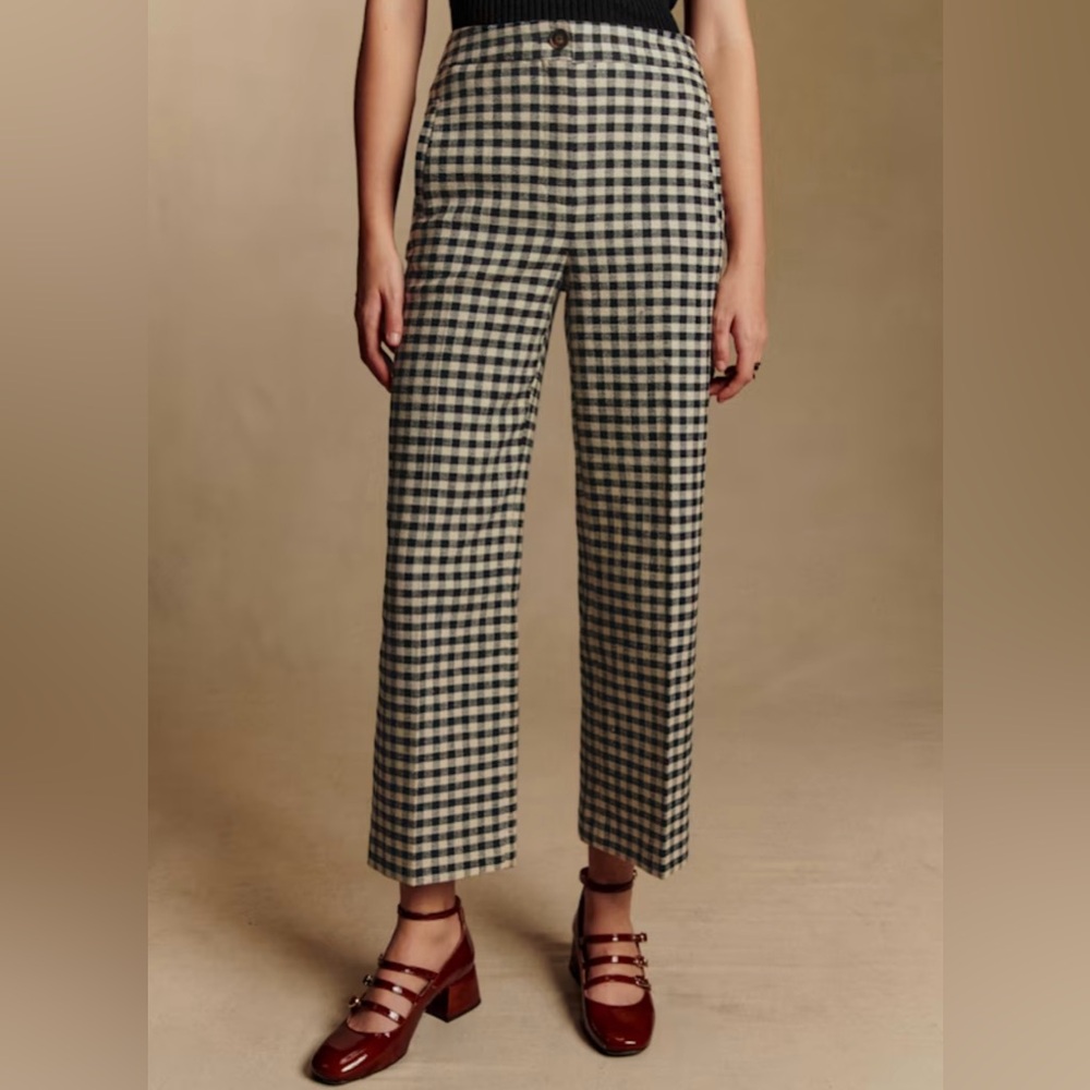 Sezane Black and Cream Gingham Wide-Leg Trousers